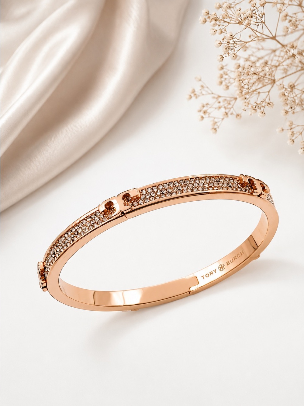 Tory Burch Serif-T pavé hinged bracelet in Rose Gold